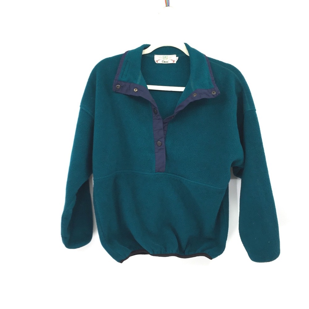 Vintage 80s 90s Orvis dark teal blue fleece half snap pullover gorpcore jacket S